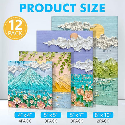 ESRICH Canvas Boards for Painting 12 Pack Art Supplies Paint Canvas 4x4, 5x5, 5x7, 8x10 Blank Large Canvases for Painting-Cotton Primed Canvas Panels for Acrylic, Oil, Gouache & Tempera.