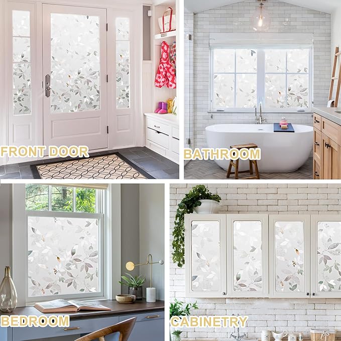 Window Privacy Film Decorative for Front Door, Bathroom Static Cling Stained Glass Sticker Opaque Heat Control UV Blocking Non-Adhesive for Home Windows, Magnolia
