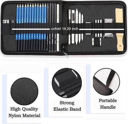 KALOUR 33 Pro Drawing Kit Sketching Pencils Set,Portable Zippered Travel Case-Charcoal Pencils, Sketch Pencils, Charcoal Stick,Sharpener,Eraser.Art Supplies for Artists Beginner Adults Teens