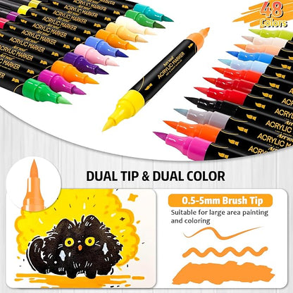 48 Colors Acrylic Paint Pens, 24 Pack Dual Tip Acrylic Paint Pens Markers for Rock Painting, Wood, Stone, Canvas, Ceramic, Glass Surfaces, DIY Crafting & Art Supplies