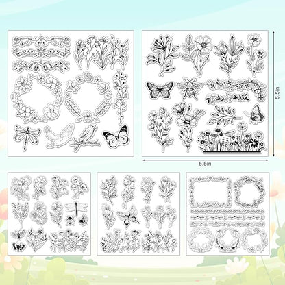 Whaline 5 Sheets Wildflower Clear Stamps Floral Leaves Butterfly Silicone Transparent Stamps for DIY Craft Card Making Scrapbooking Embossing Album Decor