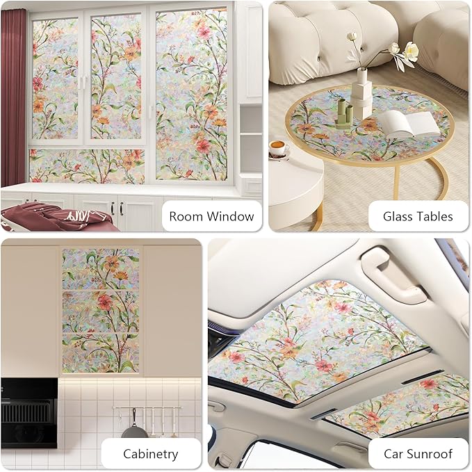 NINETREX Window Privacy Film,Stained Glass Window Film,Rainbow Decorative Stickers Static Cling Anti UV Heat Control for Home Decor (Galsang Flower,35.4 x 78.7inch)