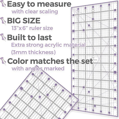 Rotary Cutter Set lavender - Quilting Kit incl. 45mm Fabric Cutter, 5 Replacement Blades, A3 Cutting Mat, Acrylic Ruler and Craft Clips - Ideal for Crafting, Sewing, Patchworking, Crochet & Knitting