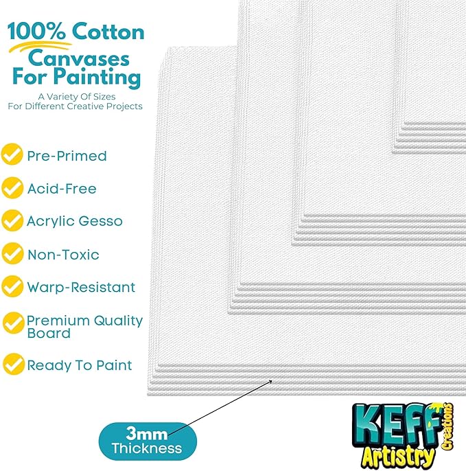 KEFF 24-Pack Canvas for Painting, 6 of 5x7, 8x10, 9x12,11x14 Painting Canvas Boards, Art Supplies for Adults & Kids - 100% Cotton Primed Canvases for Painting for Acrylic, Oil, Watercolor, Tempera