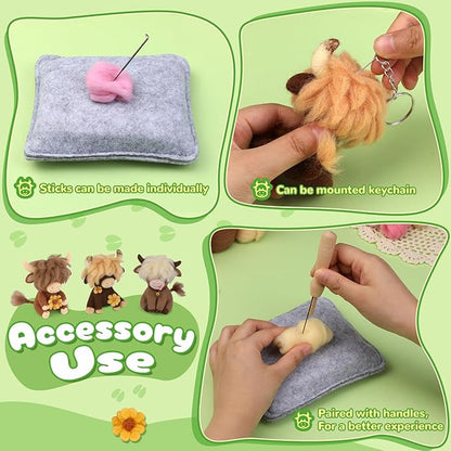 Yizzvb Needle Felting Kit, Highland Cow Family Needle Felt Beginner Kits with Instruction, Wool, Felting Needles, Felting Pad, Wool Felting Kits for Beginners Home Decoration