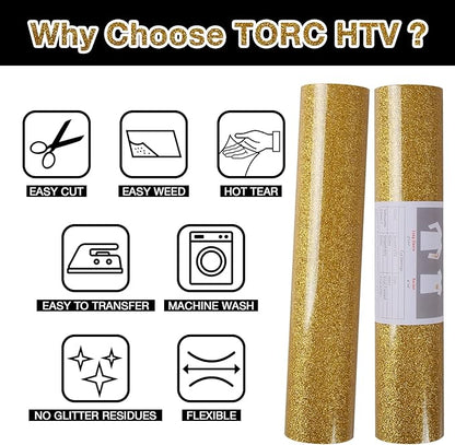 TORC Gold Glitter HTV Heat Transfer Vinyl Roll 12 inch x 20 ft Sparkly Iron on Vinyl for T Shirts Crafts Bulk