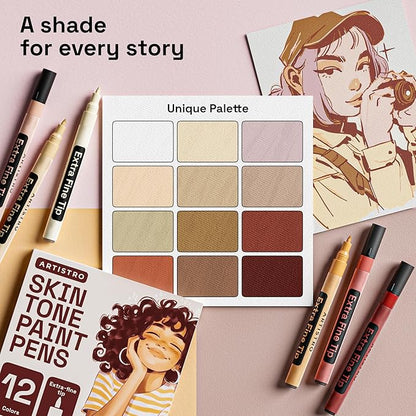ARTISTRO 12 Skin Tones Paint Markers for Glass, Rock Painting, Ceramic, Wood, Fabric, Scrapbooking, DIY Craft Making, Coloring - Acrylic Paint Pens in Soft Colors Extra-Fine Tip 0.7mm