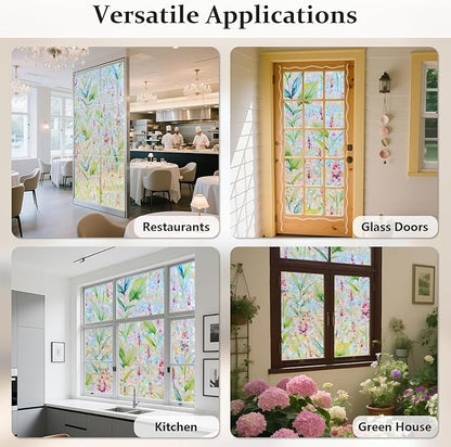 Donox Decorative Window Privacy Film, 3D Floral Stained Glass Window Film Static Cling Rainbow Privacy Sticker for Glass Door Heat Control Anti UV, No Adhesive (Gladiolus,17.5 x 157.4 inches)