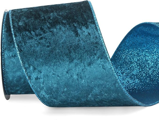 Ribbli Turquoise Blue Velvet Wired Ribbon 4 Inch Teal Velvet with Turquoise Glitter Christmas Ribbon for Christmas Tree Decoration Big Bow Gift Wrapping Crafts Wreaths Supplies- 10 Yards
