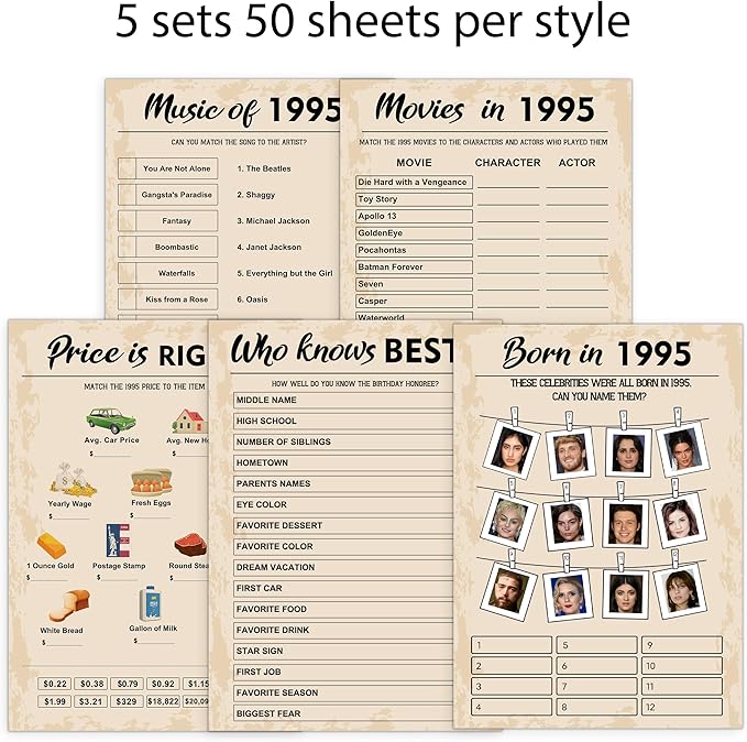 QUPT 30th Birthday Party Games, Set of 5 Activities for 10 Guests, Born in 1995 Games Bundle, Birthday Party Supplies for Adults, Pack of 50 Cards