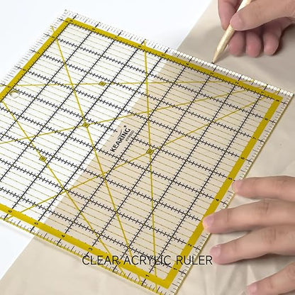 KERING Square Quilting Ruler - 9.5x9.5 inch Anti-Slip Acrylic Ruler for Patchwork Piecing, Bias Strips & Rotary Cutting, Professional Quilter's Tool with Dual-Angle Guide