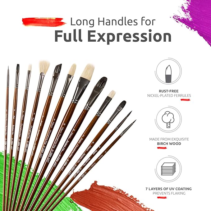 ZenART Oil & Acrylic Paint Brushes – 14pc Professional Set of Chungking Hog, & Badger/Japanese Synthetic Bristles incl Filbert, Flat, Rigger & more – Travel Pouch, Long Birchwood Handles, No Shedding