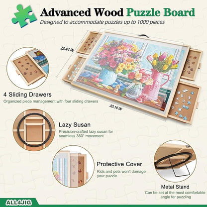 ALL4JIG 1000 Pieces 2-in-1 Tilting & Rotating Puzzle Board, 30.16" x 22.44"Adjustable Angle Puzzle Board with 4 Drawers & Clear Protective Cover, Birthday Gift for mom