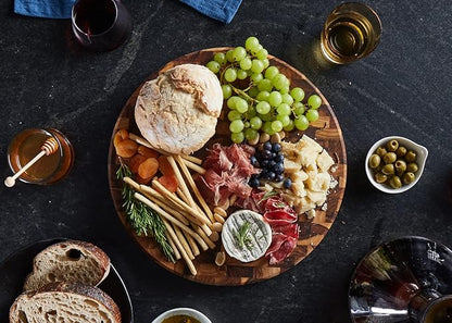 Sonder LA, End Grain Teak Wood Cutting Board 15" Round 1.5" Thick with Juice Groove and Built-in Handles, Charcuterie Serving Board (Gift Box Included)