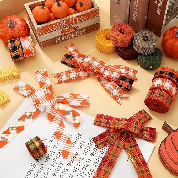 10 Rolls 50 Yard Fall Plaid Burlap Ribbon Rolls 1 Inch Autumn Gift Wrapping Ribbon Decorative for DIY Crafts Wreath Bow Making Supplies Home Decor