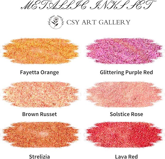 CSY art gallery Pearlescent Acrylic Inks Bottle with Dropper, 1oz - 29.5 ml Set of 6PCS Bronze Gold Red Liquid Drawing Ink for Calligraphy,Wood, Scrapbook Journals, Photo Albums (Saturn Twinkles Set)