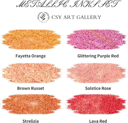 CSY art gallery Pearlescent Acrylic Inks Bottle with Dropper, 1oz - 29.5 ml Set of 6PCS Bronze Gold Red Liquid Drawing Ink for Calligraphy,Wood, Scrapbook Journals, Photo Albums (Saturn Twinkles Set)