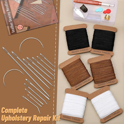 IMZAY 132 Yards Upholstery Repair Kit, 0.55MM and 0.8MM Waxed Sewing Thread with 14 PCS Heavy Duty Needles, Thimbles for Leather Sewing, Bookbinding, Beading, Stitching (3 Colors)