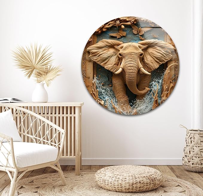 My Photostation.com 24Wx30H'' Elephant Carving Glass Wall Art Tempered Glass Printing Wall Decor Large Wall Art Wall Hangings