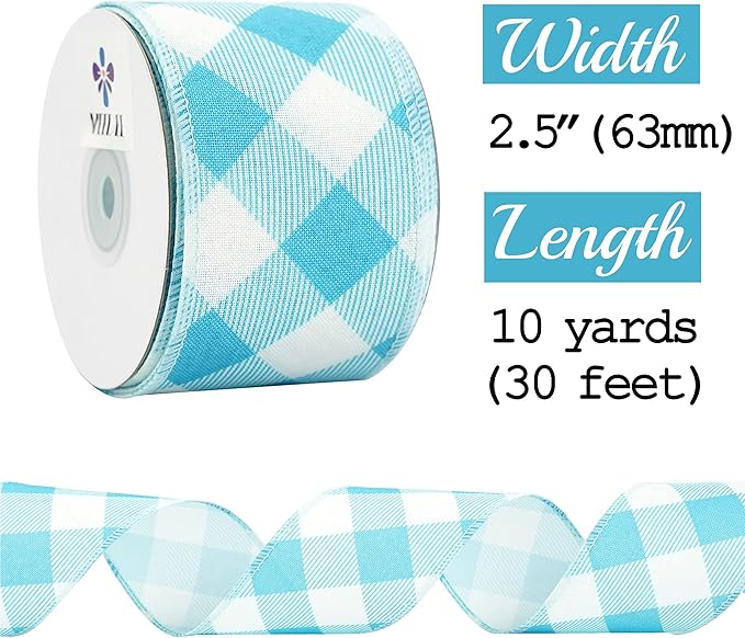 MEEDEE Blue and White Check Ribbon Christmas Wired Ribbon Blue White Burlap Ribbon 2.5 Inch X 10 Yards for Crafts Christmas Tree Decoration Birthday Decor Bows Making Flower Wreath Gift Wrapping