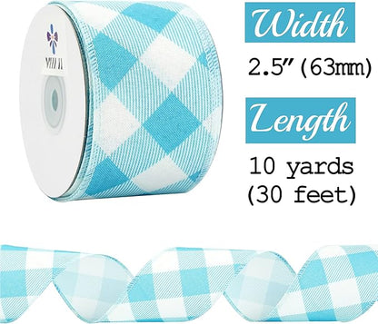 MEEDEE Blue and White Check Ribbon Christmas Wired Ribbon Blue White Burlap Ribbon 2.5 Inch X 10 Yards for Crafts Christmas Tree Decoration Birthday Decor Bows Making Flower Wreath Gift Wrapping