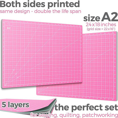 Rotary Cutter Set pink - Quilting Kit incl. 45mm Rotary Cutter, 5 Replacement Blades, A2 Cutting Mat, Acrylic Ruler and Craft Clips - Ideal for Crafting, Sewing, Patchworking, Crochet & Knitting