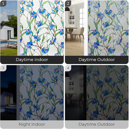 3D Stained Glass Window Film, Decorative Window Privacy Film for Bathroom,Front Door,Home, Sun Blocking Heat Control,Static Cling, Blue Eustoma 23.6inch x 35.4inch