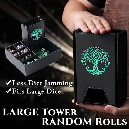 Dice Tray and Dice Tower for DND and RPG - All-in-One Game Roamer Tray & Large Tower for Random Rolls - Stores Your Sets, Mini's and More Compatible with D&D (Green Tree)