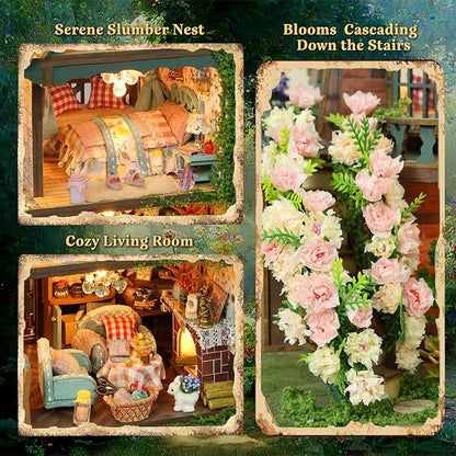 DIY Miniature House Kit, Book Nook Kit for Adult, 3D Wooden Puzzles, Dollhouse Kit with LED Light, Mini Building Kit, Craft Kit for Teen to Build (Elven Garden)