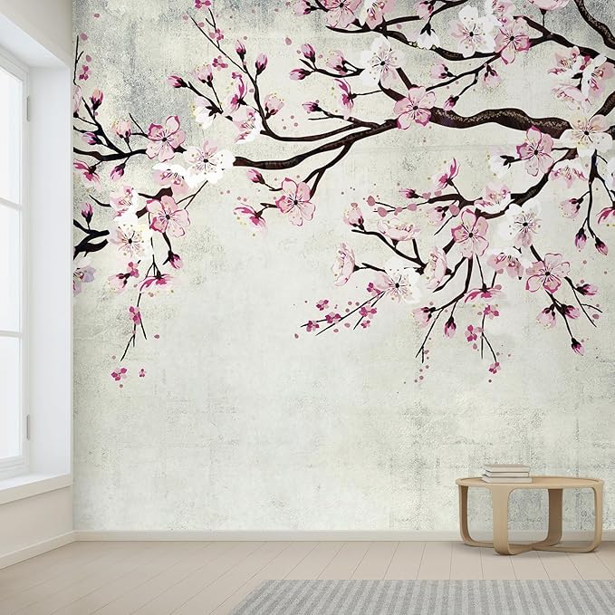 wall26 Large Wall Mural Watercolor Style Ink Painting Pink Cherry Blossom on Vintage Wall Background | Self-Adhesive Vinyl Wallpaper/Removable Modern Wall Decor - 108x168 inches
