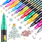 FUMILE 12 Colors Double Line Outline Markers,Glitter Markers for Kid Teens,Self Outline Metallic Markers for Art Supplies,Metallic Glitter Pen Set for Teen Girl.