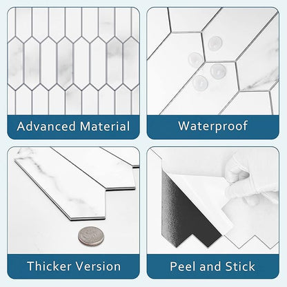 SUNWINGS Backsplash Tile for Kitchen Peel and Stick, Stone Composite Self Adhesive Tiles Faux Marble Pattern Long Hexagon Mosaic Wall Tile for Kitchen, 12 Inch x 11.22 Inch 10 Sheets White Marble