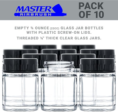 Master Airbrush (Pack of 10) TB-001 Empty 3/4 Ounce (22cc) Glass Jar Bottles with Plastic Lids - Replacement Jars, Paint Storage Bottles - Jars Screw Into Siphon Feed Airbrush Lid Adaptor Assemblies