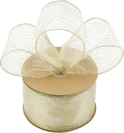 MEEDEE Glitter Gold Wired Ribbon 2.5 Inch Horizontal Stripes Polka Dot Christmas Ribbon Organza Sheer Glitter 25 Yards Gold for Christmas Tree, Wreath Bow Making