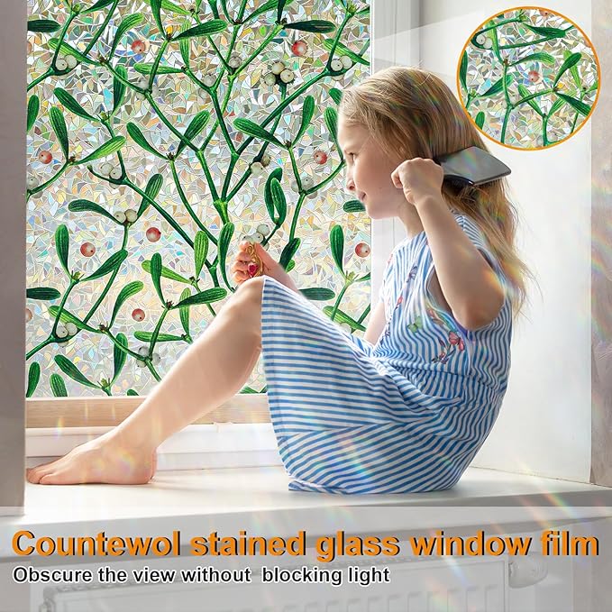 Window Privacy Film Stain Glass Window Film Rainbow Window Film Window clings Non-Adhesive Reusable Decorative for Room (Mistletoe Rainbow, 17.5 x 157.4 in)