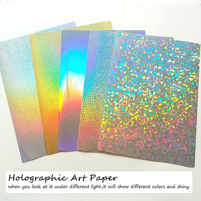 A4 Glitter Embossed Metallic Foil Paper Pack - 50 Sheets Assorted Colors & Designs Sparkly Holographic Premium Construction Paper for Gift Box Wrapping Birthday Party Scrapbook Paper