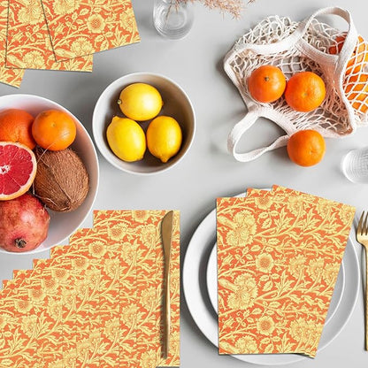 Vintage Floral Paper Napkins, 80PCS Vintage Floral Guest Paper Napkins Disposable, Orange Retro Plants Wildflower Lunch Dinner Hand Napkin for Wedding, Theme Party, Birthday, 4.5x8 Inch