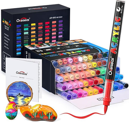 Overseas Acrylic Paint Markers 60 Colors, Brush Tip Paint Pens with Automatic Ink Control System, Quick Drying Liquid Ink Acrylic Marker for Rock, Wood, Canvas, Glass, Fabric, Metal, Plastic, Rubber