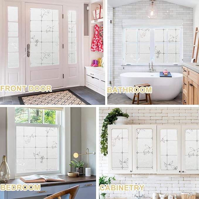 Window Privacy Film Decorative for Front Door, Bathroom Static Cling Stained Glass Sticker Opaque Heat Control UV Blocking Non-Adhesive for Home Windows, Fresh Flowers