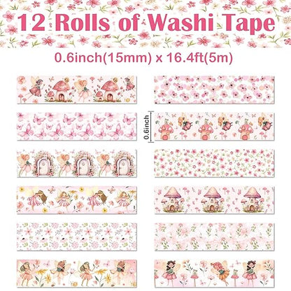 12 Rolls Fairy Washi Tape Set, Fairy Mushroom Butterfly Floral Decorative Tape, Pink Watercolor Masking Tapes for Scrapbooking Journaling Party Supplies, DIY Art Crafts, Gift Wrapping 16.4FT