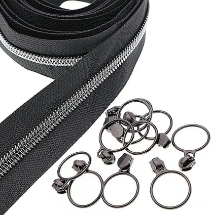 Leekayer #5 Black Nickel Metallic Nylon Coil Teeth Zippers by The Yard Bulk 10 Yards Black Zipper Tape with 25pcs Black Nickel Ring Pull Sliders for DIY Sewing Tailor Craft Bag(Black)