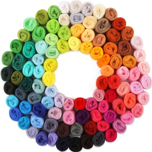 WONVOC 100 Colors Needle Felting Wool, Wool Roving 3g per Color, 10.5 oz Total, Premium Felting Wool for DIY Craft, Fiber Art and Hand Spinning, Needle Felting Supplies, Felting Kit