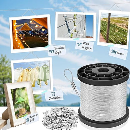 316 Stainless Steel Cable, 600FT 1/32IN Wire Rope with 150Pcs Aluminum Sleeves Stops, for String Lights Hanging, Clotheslines, Trellis Wire