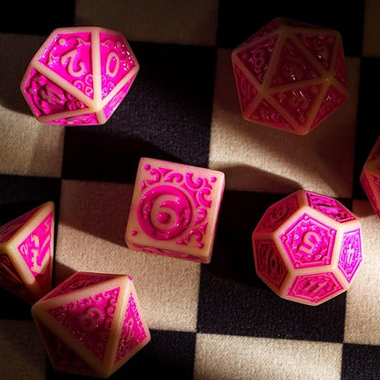 7-Die DND Dice Set New Pattern Polyhedral Dice Set with Leather Bag D&D Die for RPG Table Games(Yellow Pink)