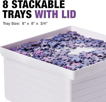 Tidyboss 8 Puzzle Sorting Trays with Lid 8" x 8" - Portable Jigsaw Puzzle Accessories White Background Makes Pieces Stand Out to Better Sort Patterns, Shapes and Colors | for Puzzles Up to 1500 Pieces