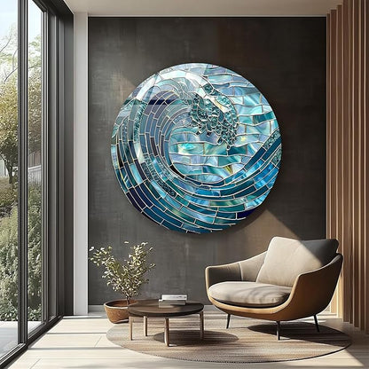 My Photostation.com 20''(50cm) Diameter Ocean Wave in Blue Mosaic Round Glass Wall Art Tempered Glass Printing Wall Decor Large Wall Art Wall Hangings