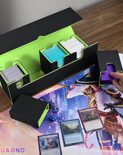 Card Deck Box with Dice Tray for MTG, 5 in 1 Card Deck Case Holds 800+ Unsleeved Cards, Strong Magnet Organizer Compatible with Yugioh TCG Sports (Black Green)