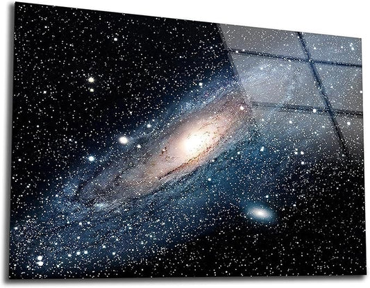 SpiritualHands Andromeda Space Galaxy Glass Wall Art Painting for Living Room, Tempered Glass Modern Prints Decor, Large Vivid Color Panel for Bedroom, Kitchen, or Office