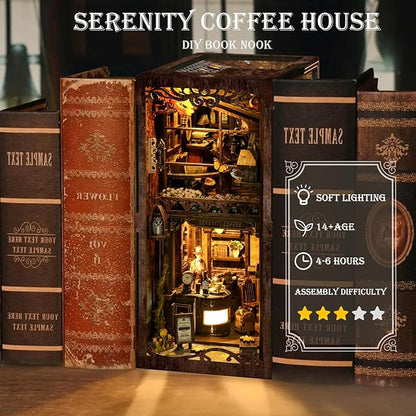 DIY Book Nook Kit 3D Puzzles for Adults Miniature House Kit Wooden Bookends Booknook Bookshelf Insert Decor with LED Lights Wood Crafts Gifts for Book Lovers - Serenity Coffee House