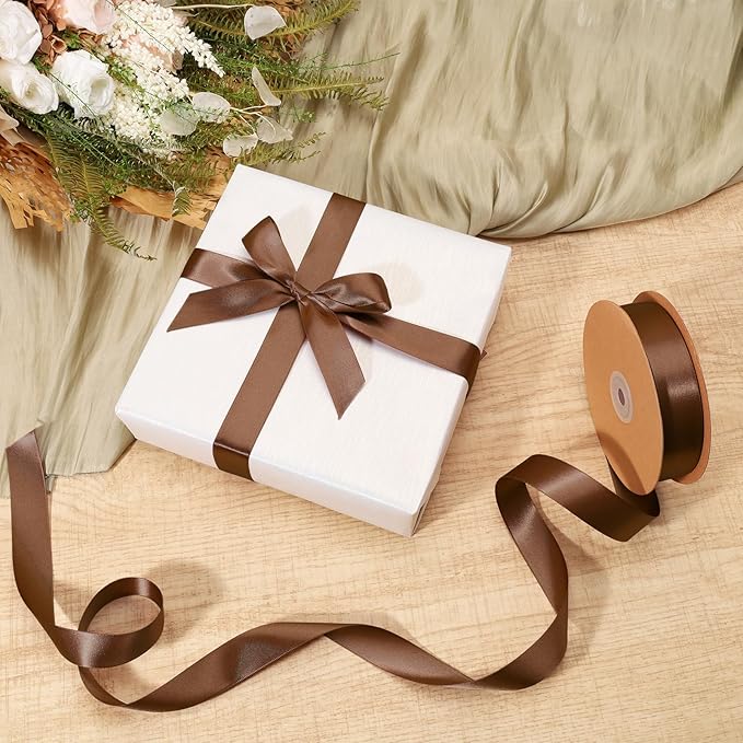 LaRibbons Brown Satin Ribbon 1 Inch 50 Yards Thin Luxury Double Faced Mocha Mousse Silk Ribbon for Flower Bouquet Crafts Gift Wrapping Wedding Decoration